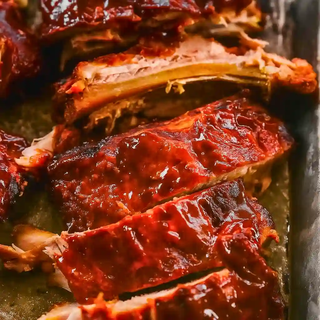 Finished slow cooker BBQ ribs with a glossy, caramelized BBQ glaze,