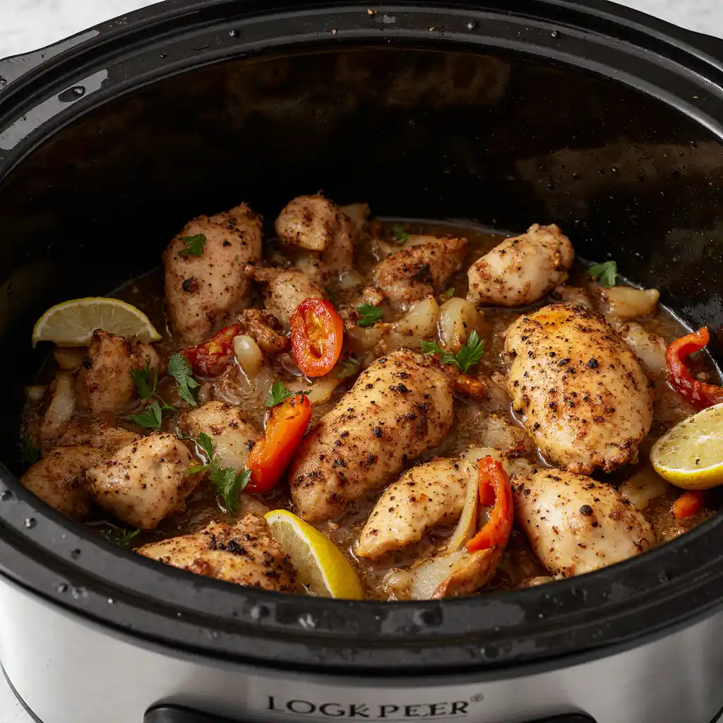 Slow cooker with chicken fajitas, bell peppers, onions, and fajita seasoning, ready to cook.
