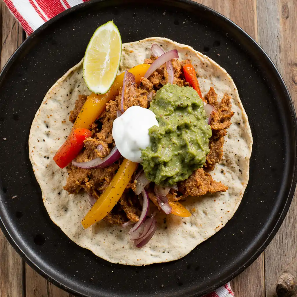Slow Cooker Chicken Fajitas with Fajita Seasoning served on a tortilla with guacamole, sour cream, and lime wedge.