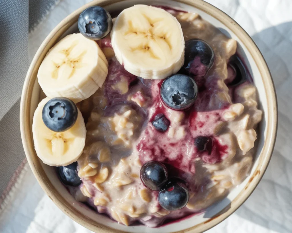 A bowl of Blueberry Banana Overnight Oats topped with fresh blueberries and sliced bananas.
