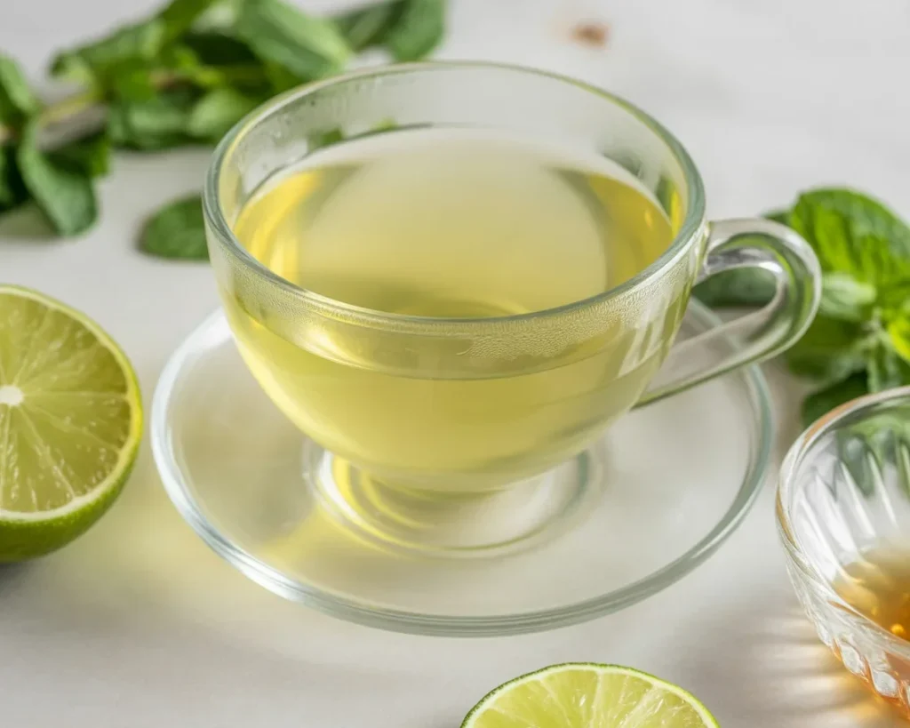 Fresh lemon balm leaves with ingredients for a weight loss recipe.