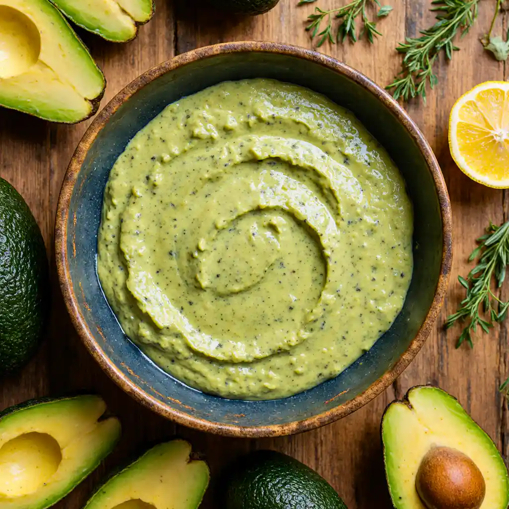 Vibrant avocado mayo without eggs in a rustic bowl, surrounded by fresh avocados, lemons, and herbs on a wooden table.