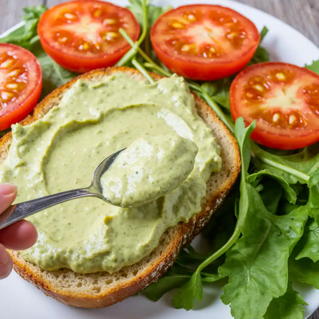 Spoonful of Best Avocado Mayo spread on a sandwich with fresh greens and tomato.