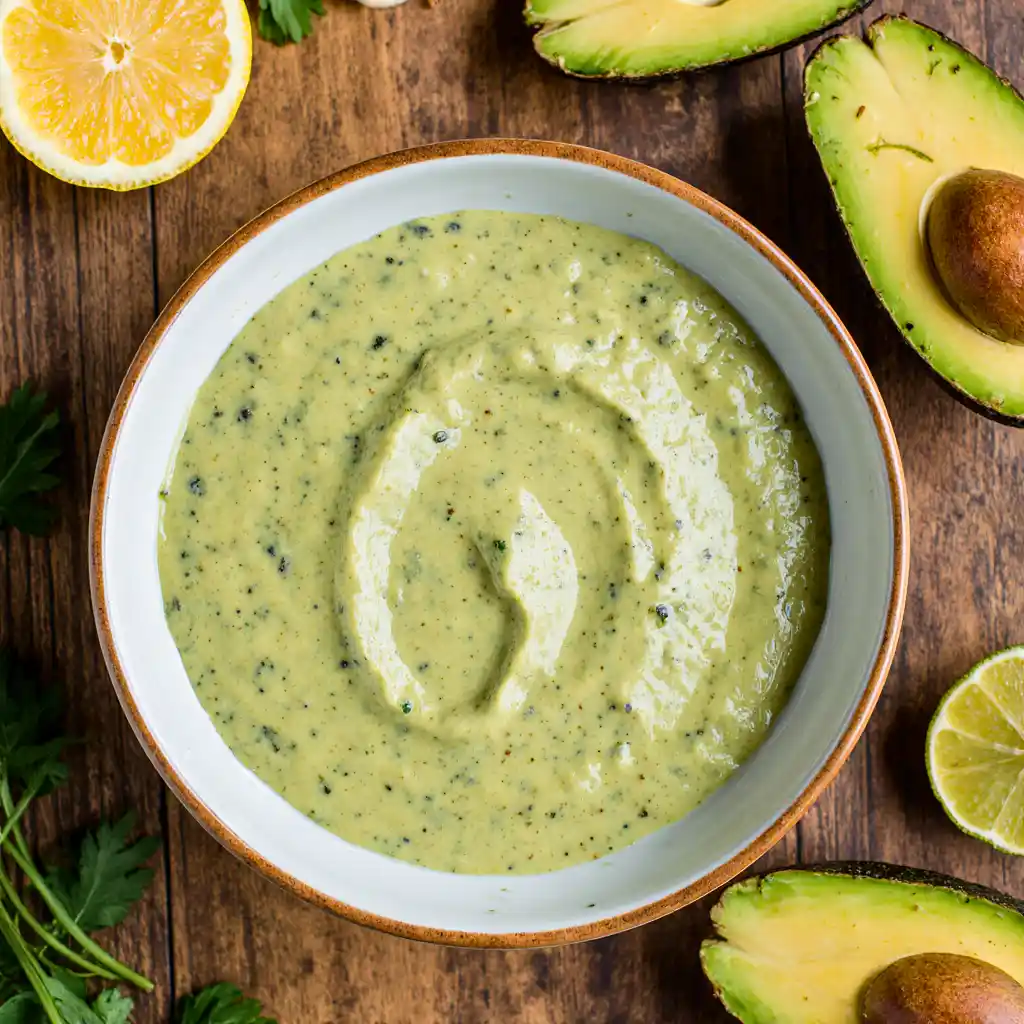 Freshly made Best Avocado Mayo with ingredients on a rustic kitchen table.