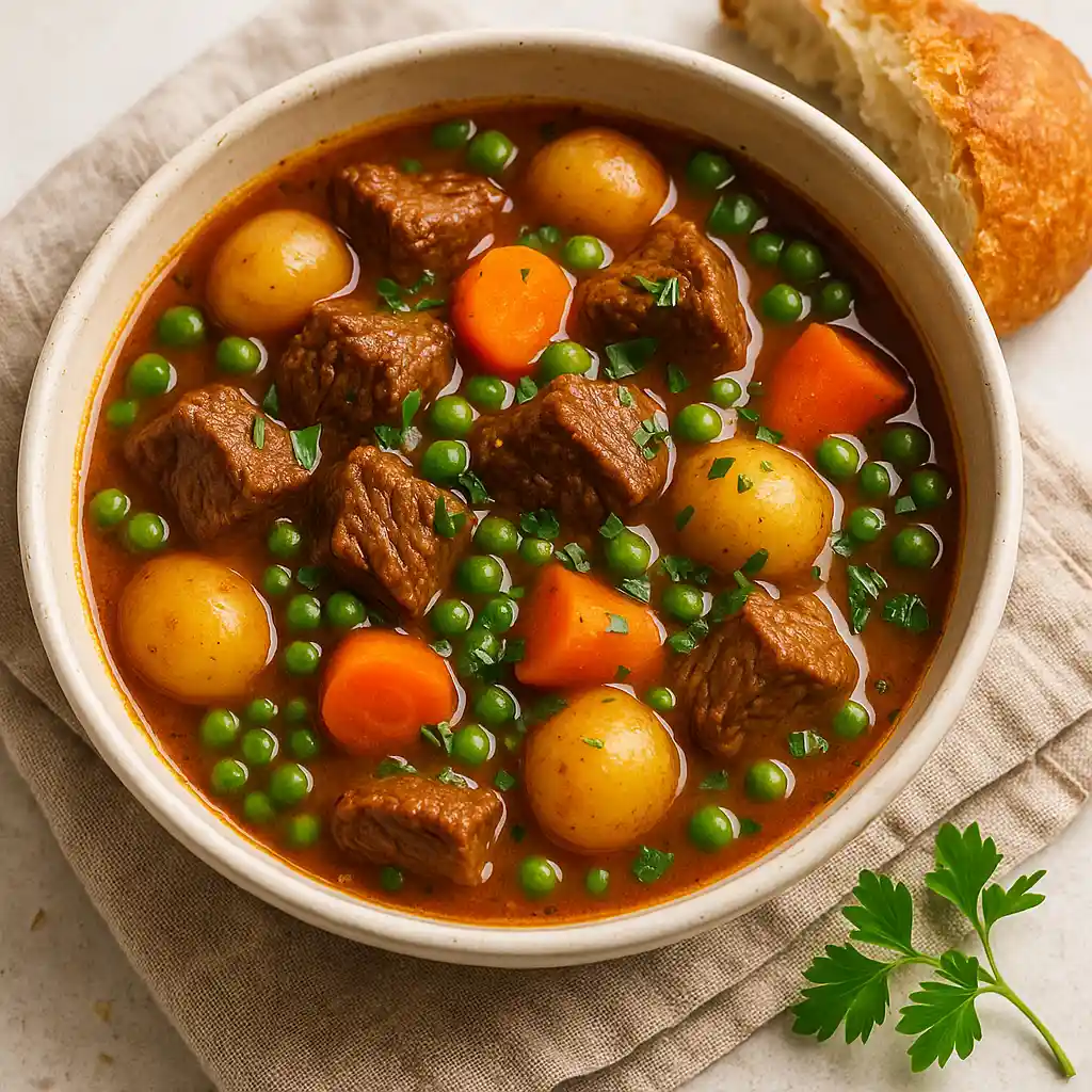 A warm bowl of Crockpot Summer Beef Stew with tender beef, potatoes, and carrots, garnished with fresh herbs and served with crusty bread.
