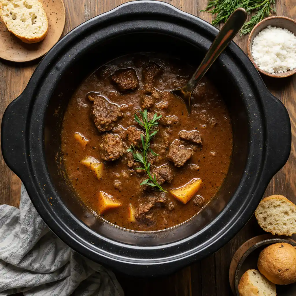 A steaming bowl of Crockpot beef stew with gravy, served with fresh bread and herbs.