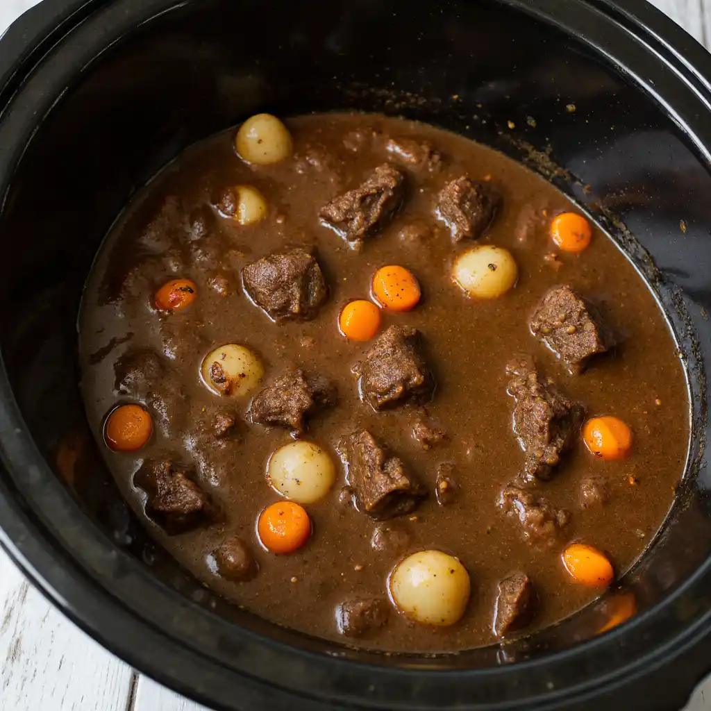 A Crockpot filled with simmering beef stew with gravy, showing tender beef and vegetables.