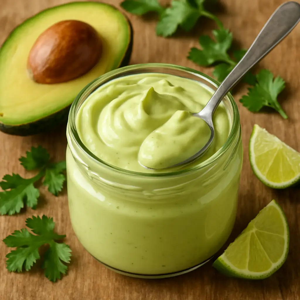 A close-up of a jar of homemade avocado mayonnaise with a spoon on a wooden table, next to a halved avocado and limes.