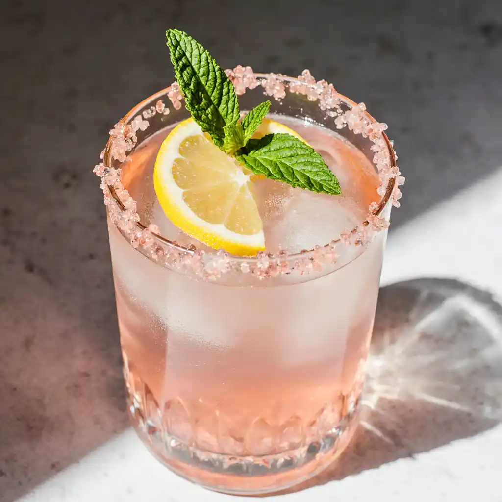 Close-up of a glass of easy homemade mounjaro recipe with pink Himalayan salt and lemon, with ice cubes and a mint garnish.