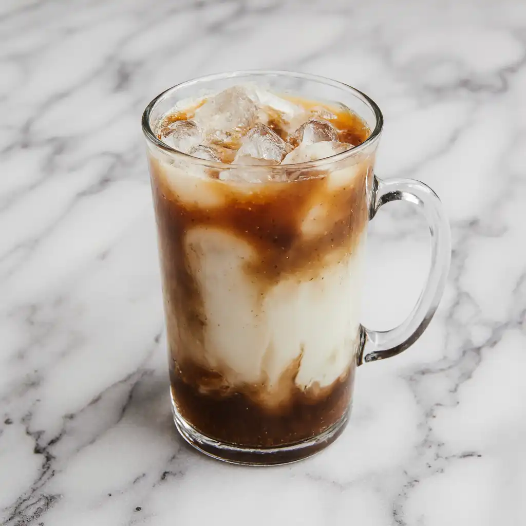 A Best Iced Coffee Recipe cup with milk being poured into it, surrounded by ice cubes.
