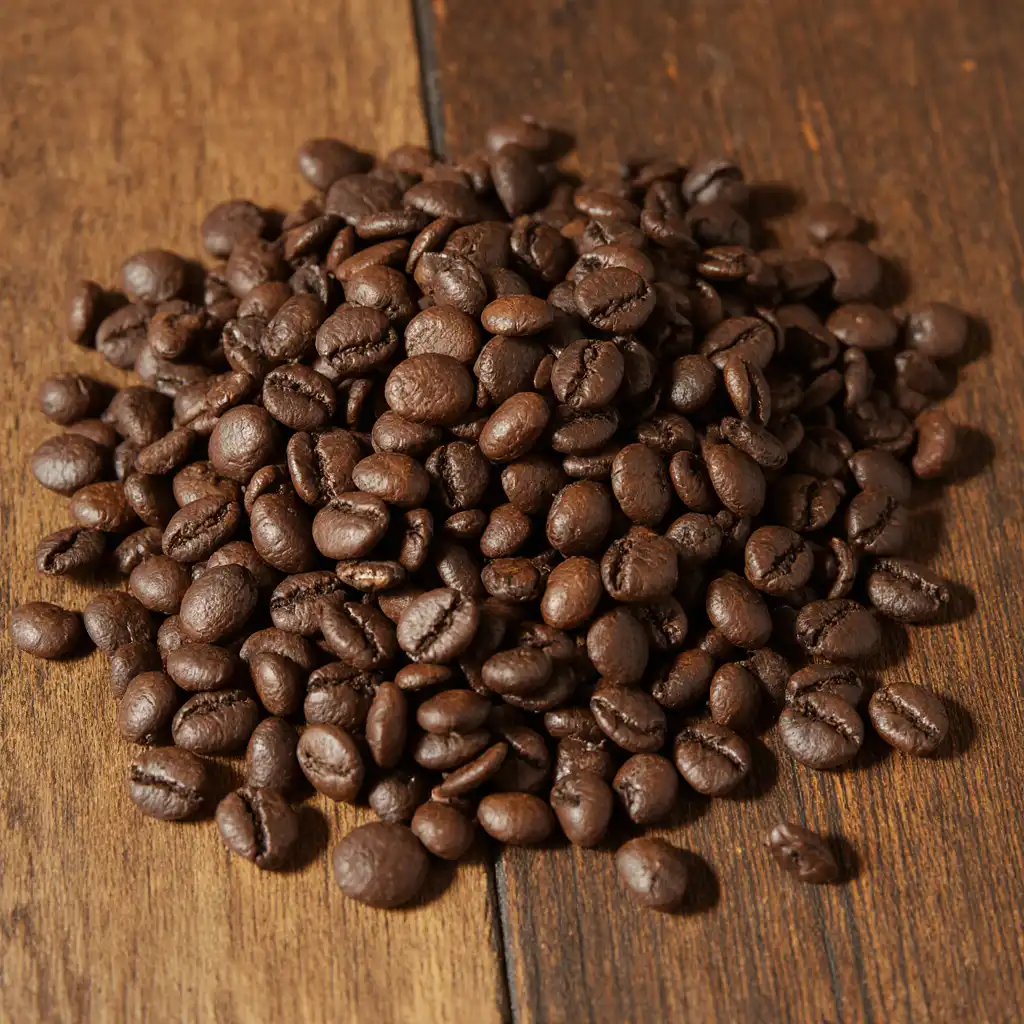 A close-up of scattered coffee beans on a wooden table with a soft light.