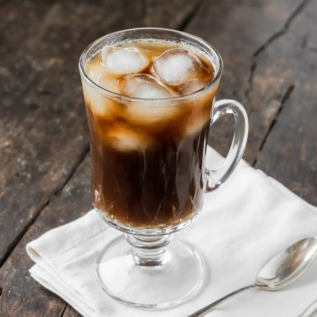 A tall glass of iced coffee with ice cubes and a straw, set against a minimalist background.