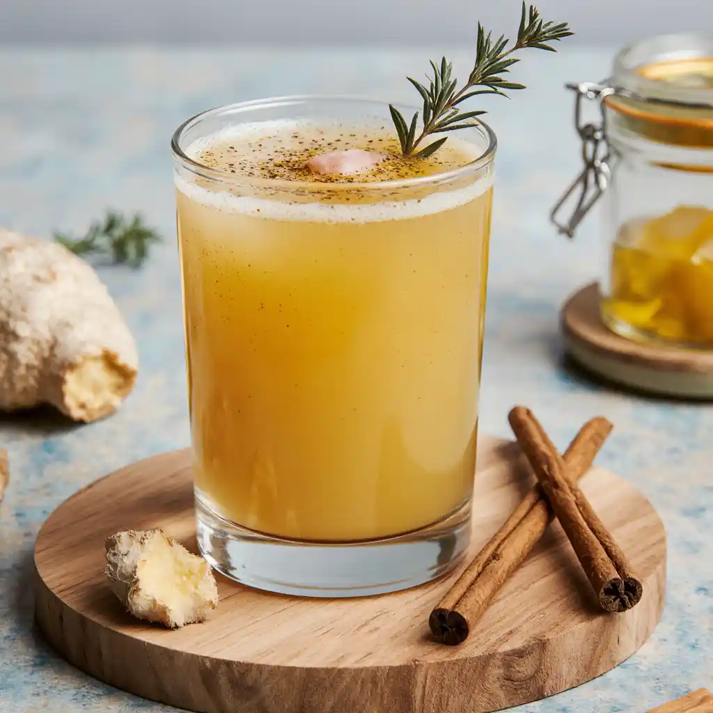 A refreshing Natural Zepbound Drink Recipe in a glass garnished with thyme, next to fresh ginger and cinnamon sticks.