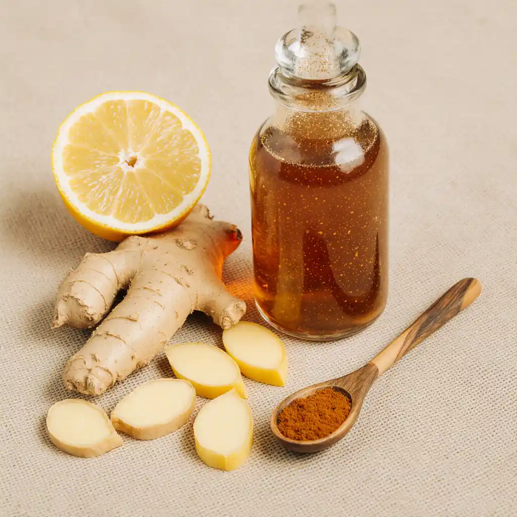 Fresh lemon, ginger root, apple cider vinegar, and cayenne pepper on a cloth surface, ideal ingredients for a Natural Zepbound Drink Ingredients fat-burning drink.
