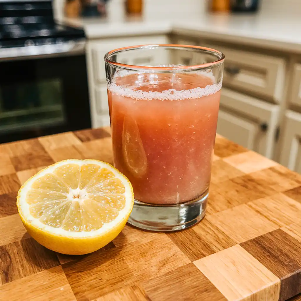 A top-down view of a glass with pink salt drink and a lemon slice on the rim.