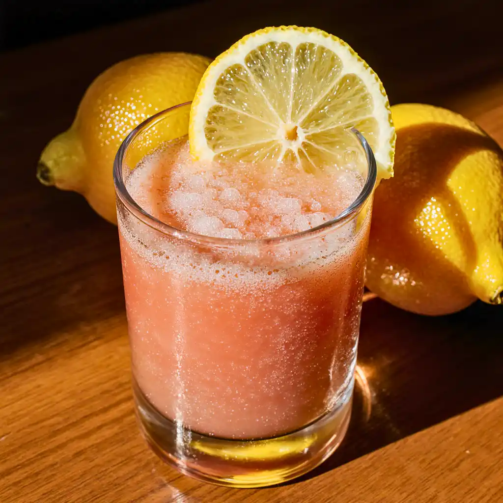 A close-up of a glass filled with pink salt drink, with a slice of lemon placed beside it.