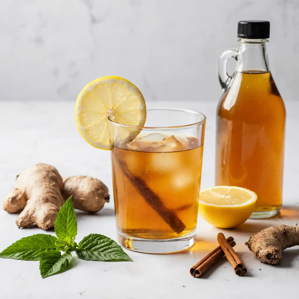 A refreshing Zepbound weight loss drink surrounded by ingredients like green tea, lemon, ginger, cinnamon, and apple cider vinegar.
