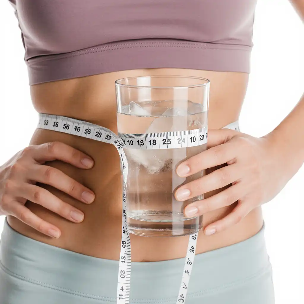 Person holding a Zepbound weight loss drink with a measuring tape around their waist, representing weight loss progress.
