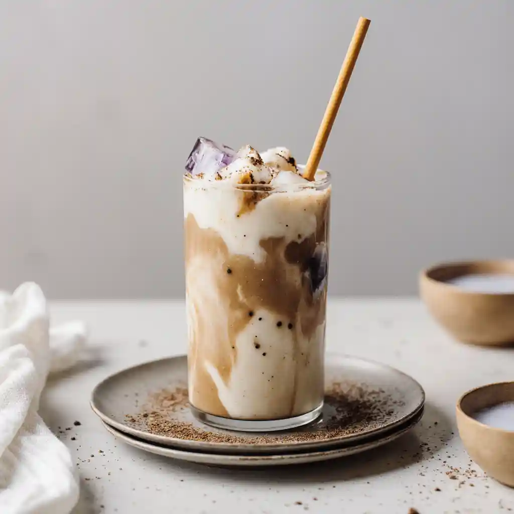 Instant coffee iced coffee recipes served in a tall glass with whipped cream, caramel drizzle, and cocoa powder on a cozy kitchen counter