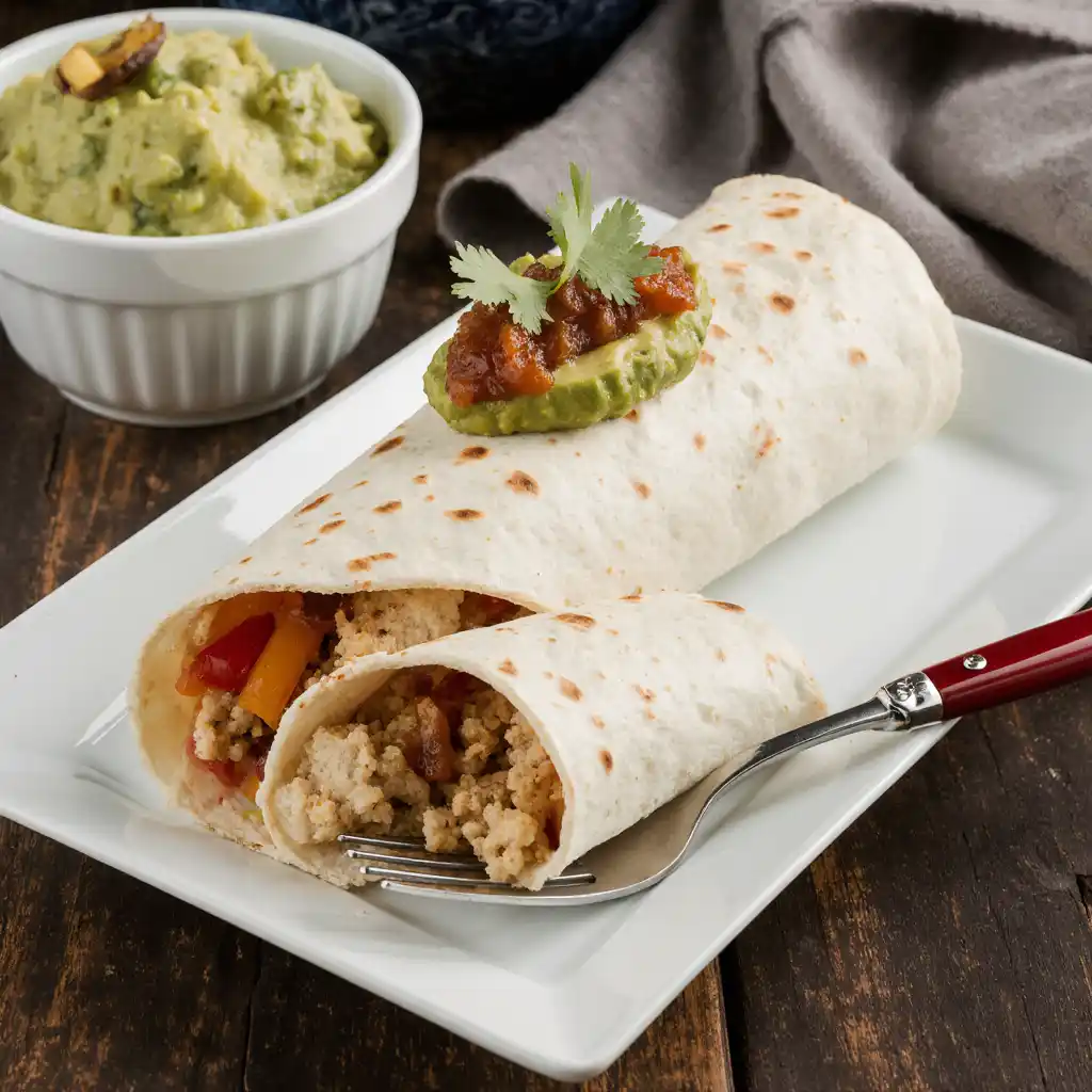 Sizzling simple chicken fajita recipe with chicken strips, onions, peppers, cilantro, and lime wedges on a skillet