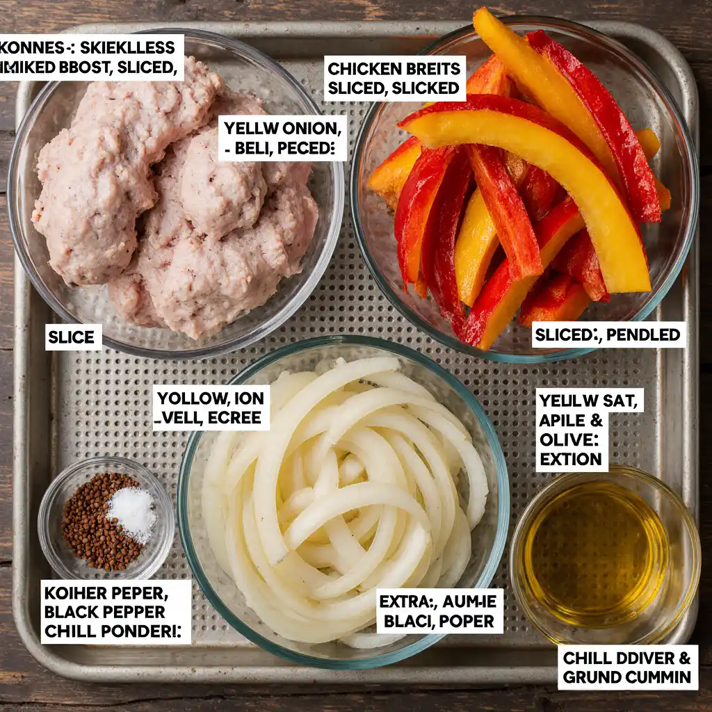 Fresh ingredients for simple chicken fajita recipe including chicken, onions, garlic, fajita seasoning, lime, cilantro, and tortillas