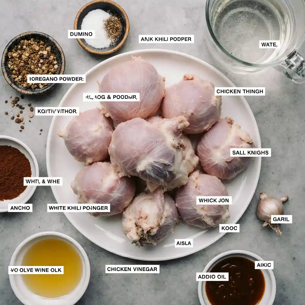 Fresh ingredients for chipotle chicken recipe, including chicken, chipotle peppers, garlic, lime, and spices