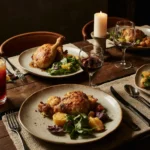 Easy dinner ideas for family with roasted chicken and vegetables on a cozy dinner table