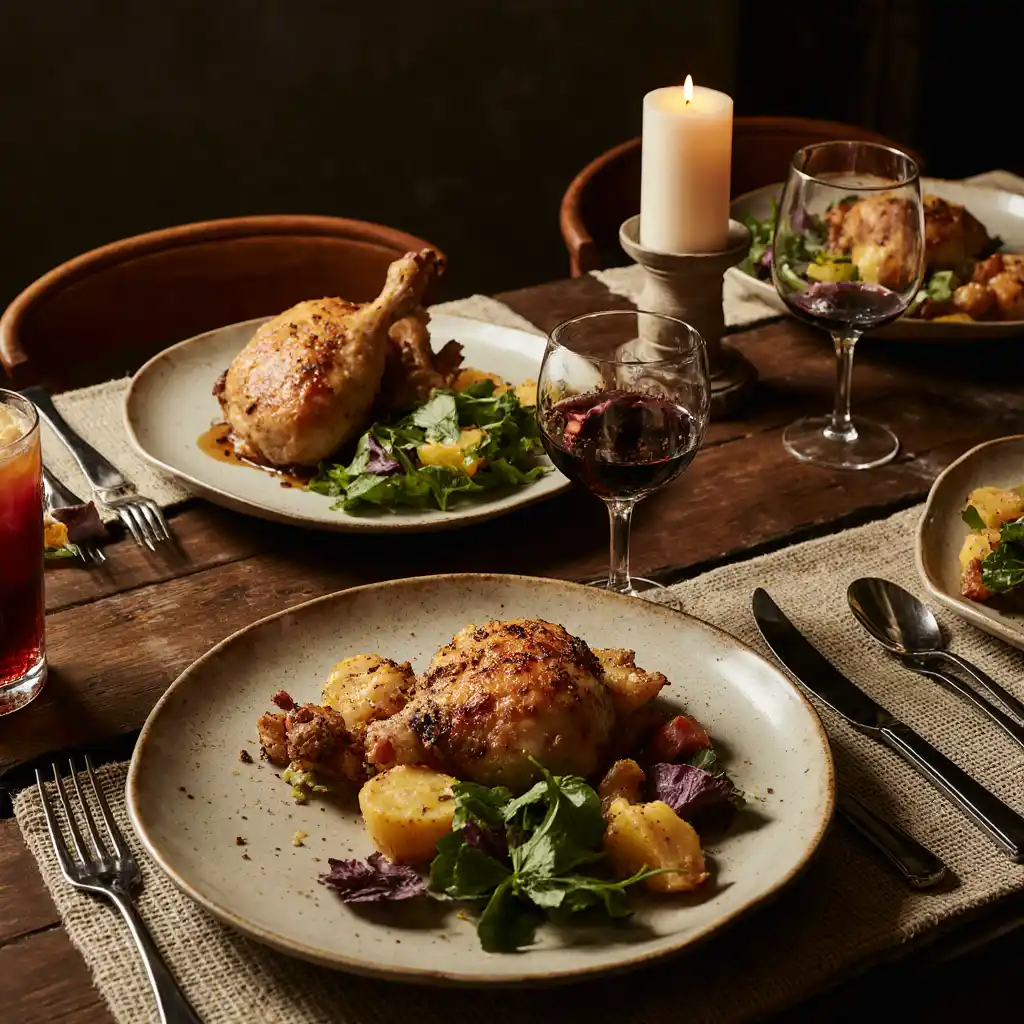 Easy dinner ideas for family with roasted chicken and vegetables on a cozy dinner table