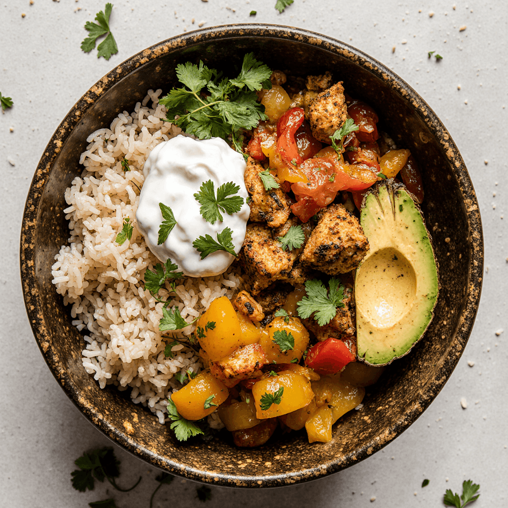 Leftover Chicken Fajita Meat bowl with rice, peppers, onions, avocado, and cilantro.