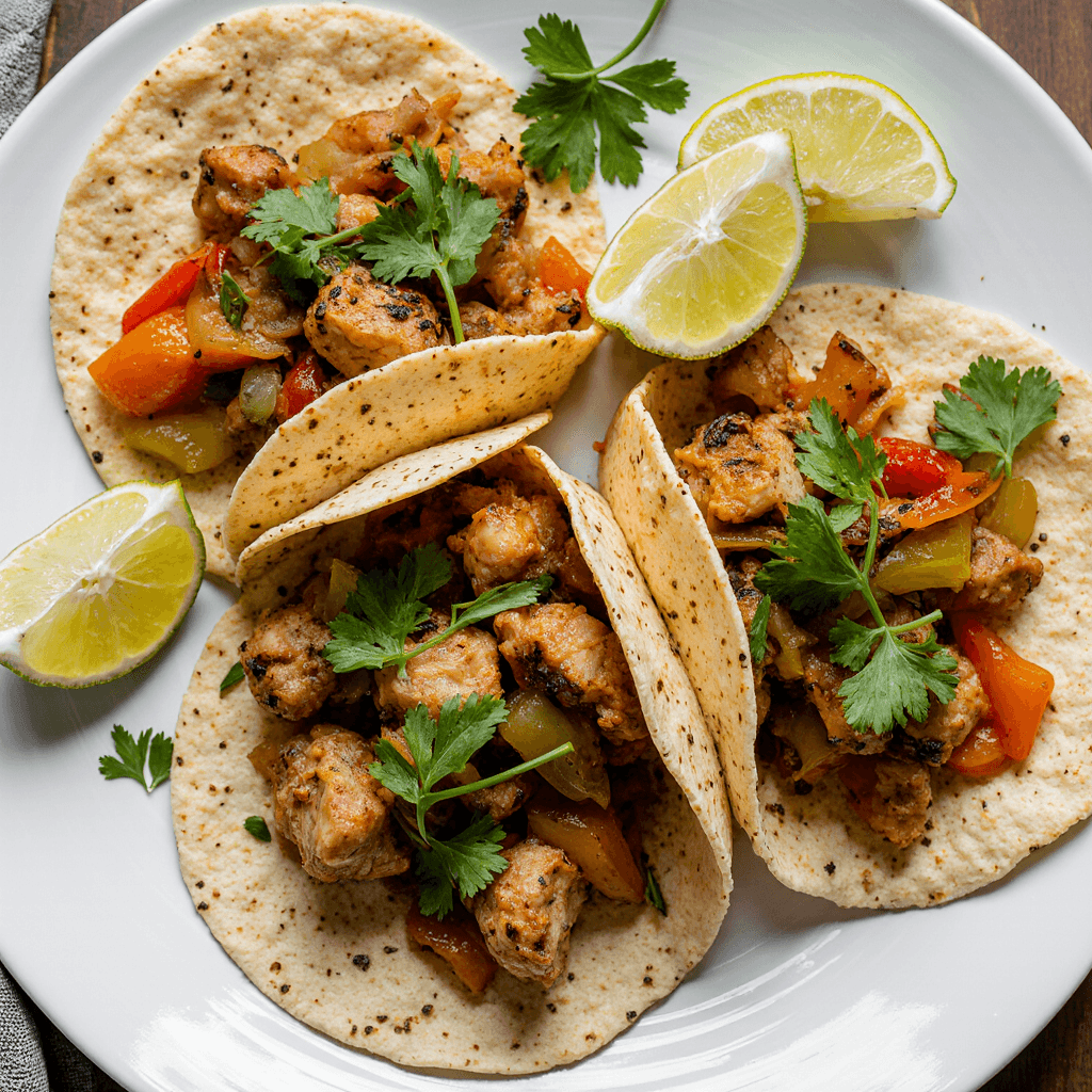 Plate of chicken fajita wraps with bell peppers, onions, cilantro, and lime wedges.
