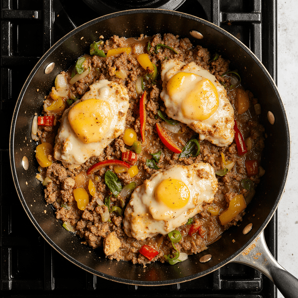 Skillet with reheated chicken fajita meat, bell peppers, onions, and melted cheese.