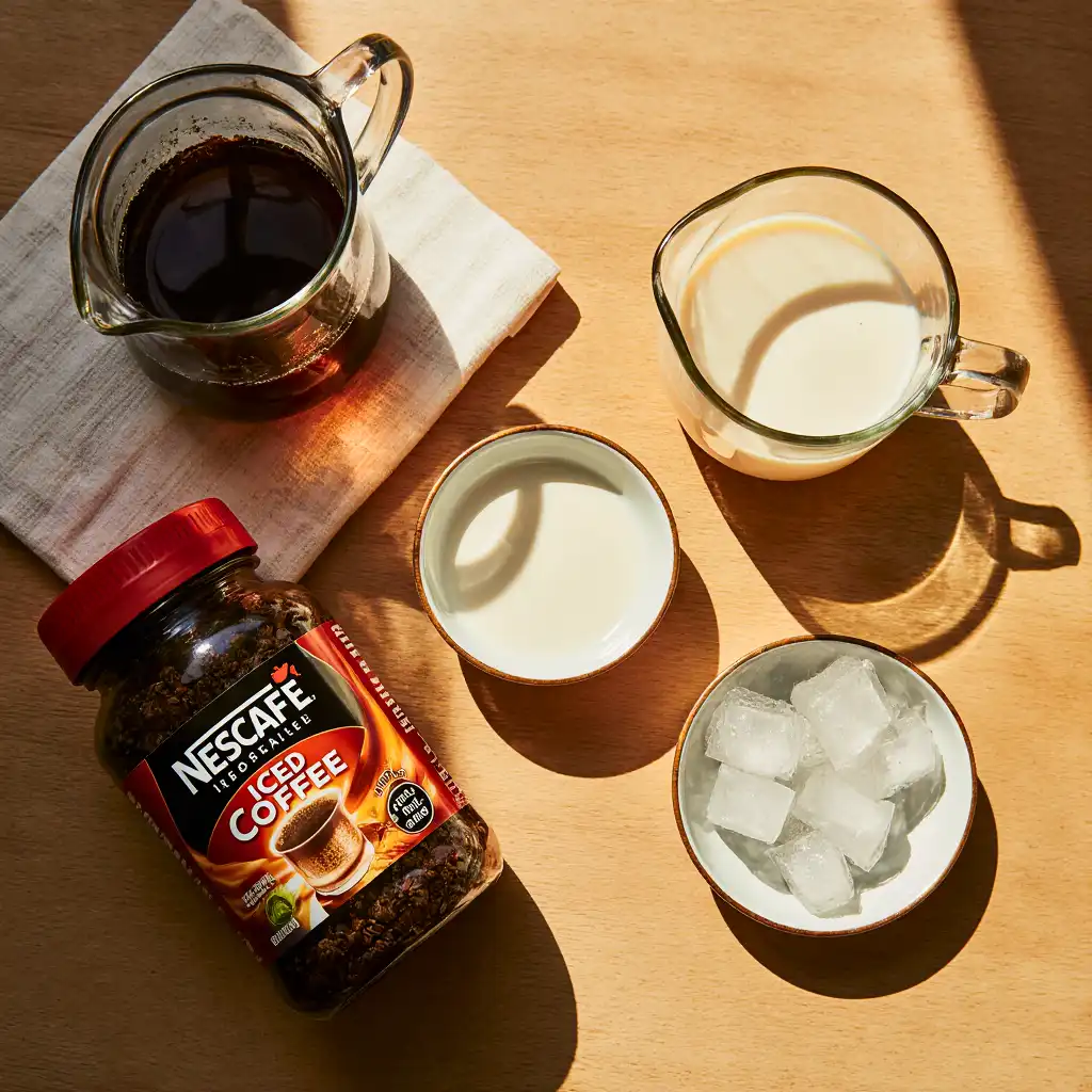 Ingredients for Nescafe iced coffee arranged on a kitchen counter.