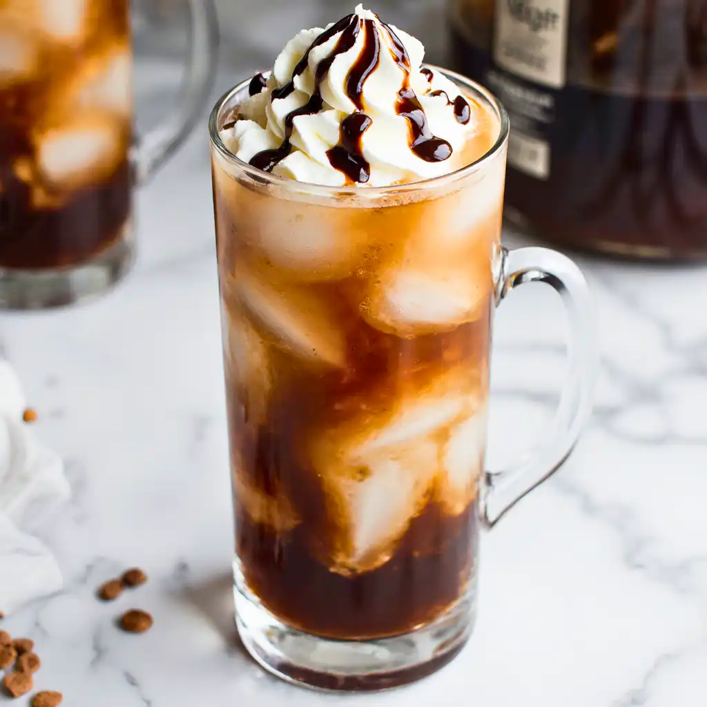Close-up of Nescafe iced coffee topped with whipped cream and chocolate syrup.