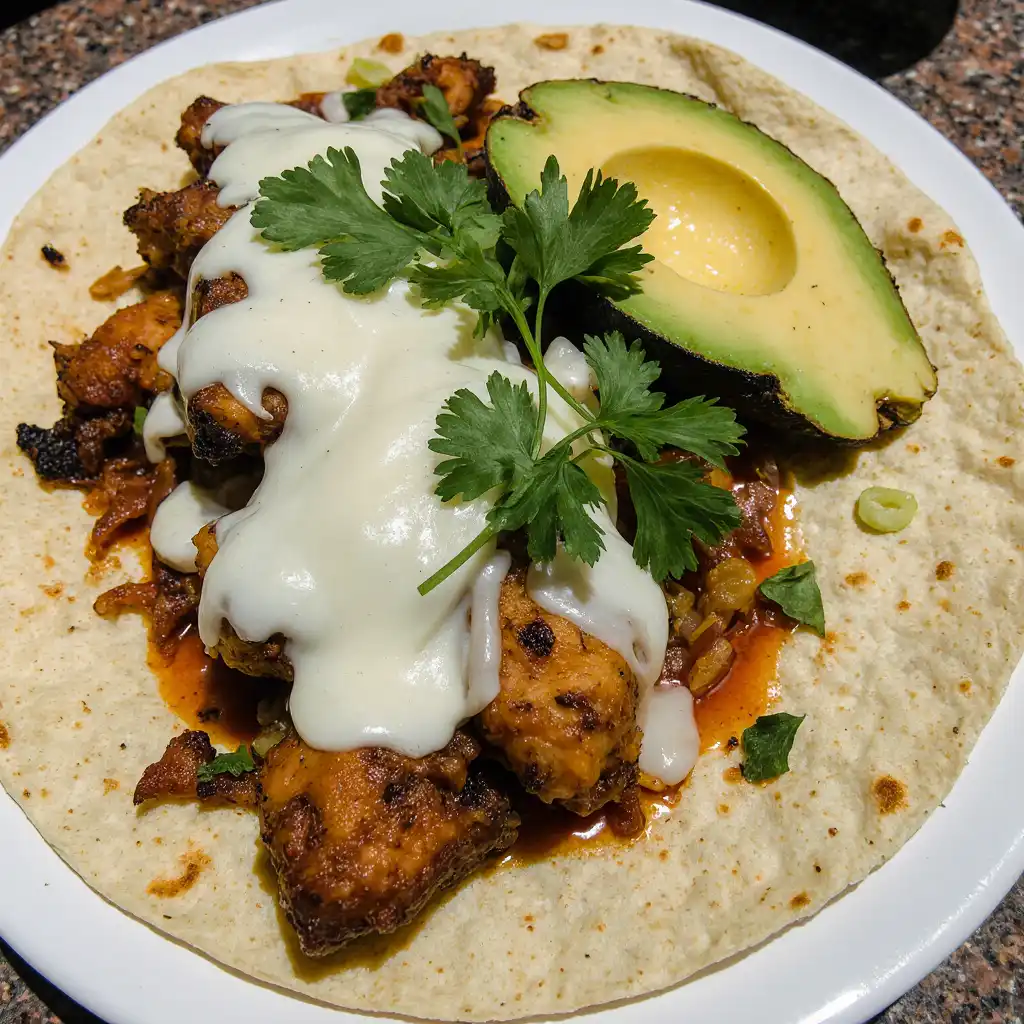 Close-up of air fryer chicken fajitas on tortilla with cheese and avocado.