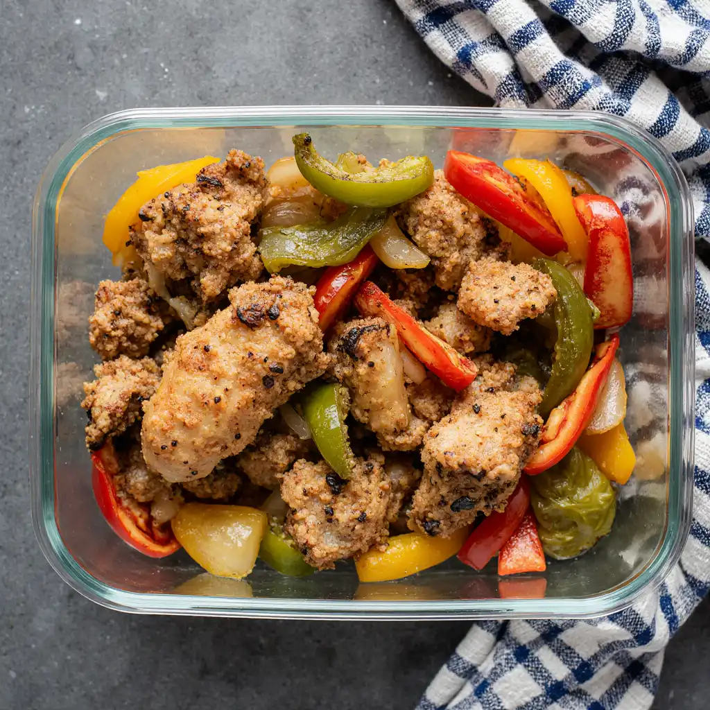 Meal prep container with air fryer chicken fajitas, peppers, and onions.