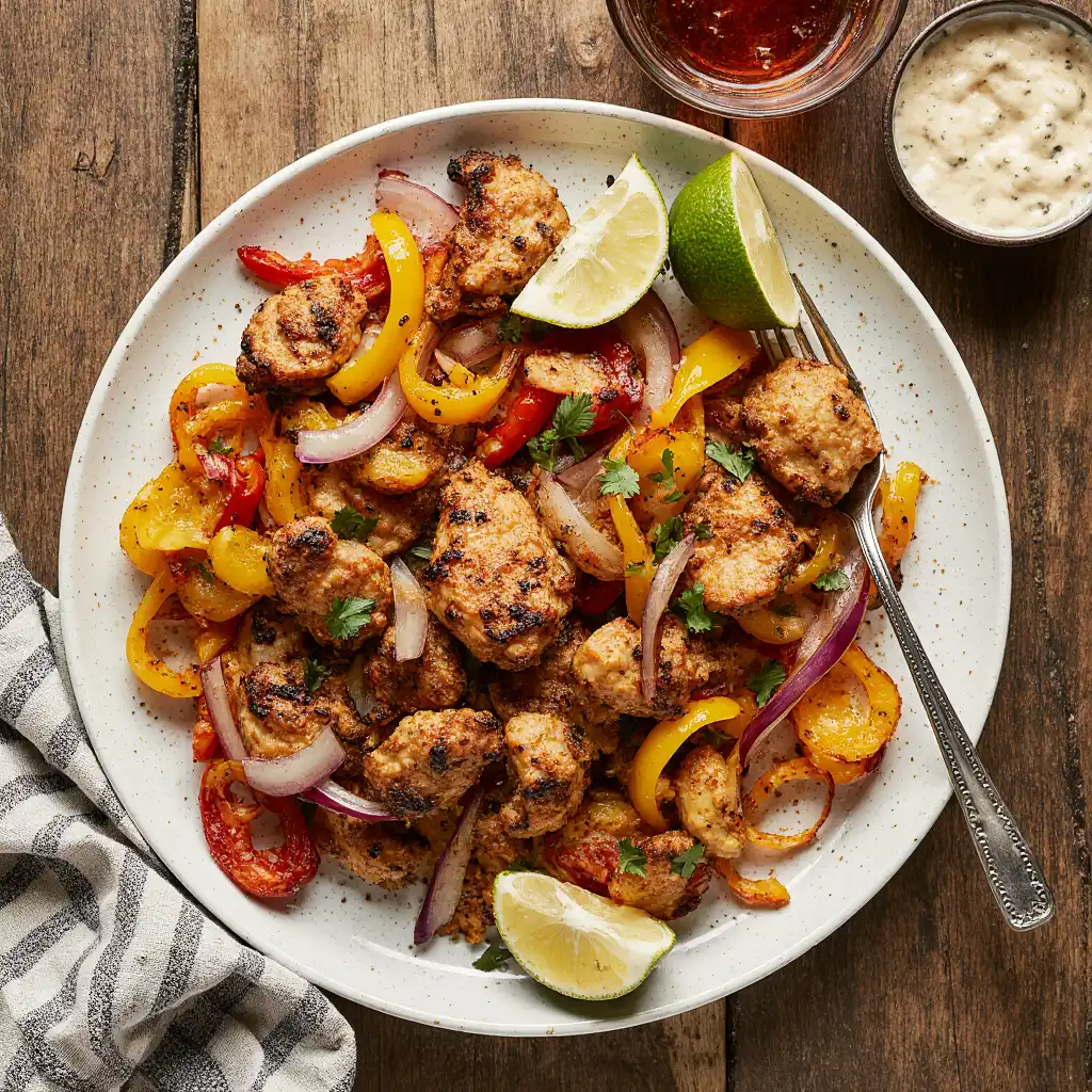 Air fryer chicken fajitas with bell peppers and onions on a rustic table.