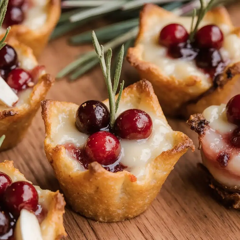 Baked Cranberry Brie Bites with puff pastry and cranberry sauce, golden and gooey appetizer.