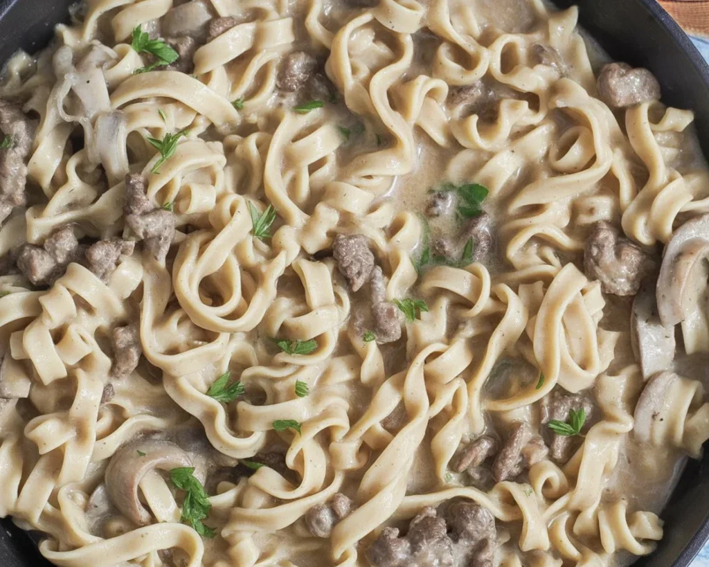 Delicious Ground Beef Stroganoff served on a plate with noodles and fresh parsley.