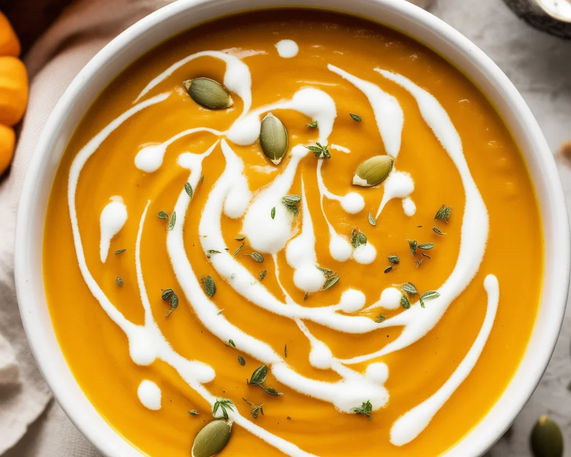 Creamy Coconut Curry Pumpkin Soup garnished with fresh herbs and spices.