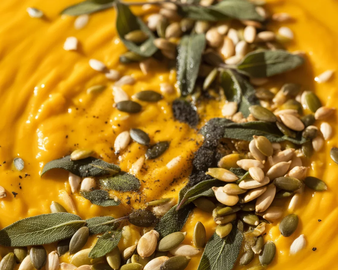A bowl of Roasted Pumpkin Soup with Sizzled Sage, garnished with crispy sage leaves.