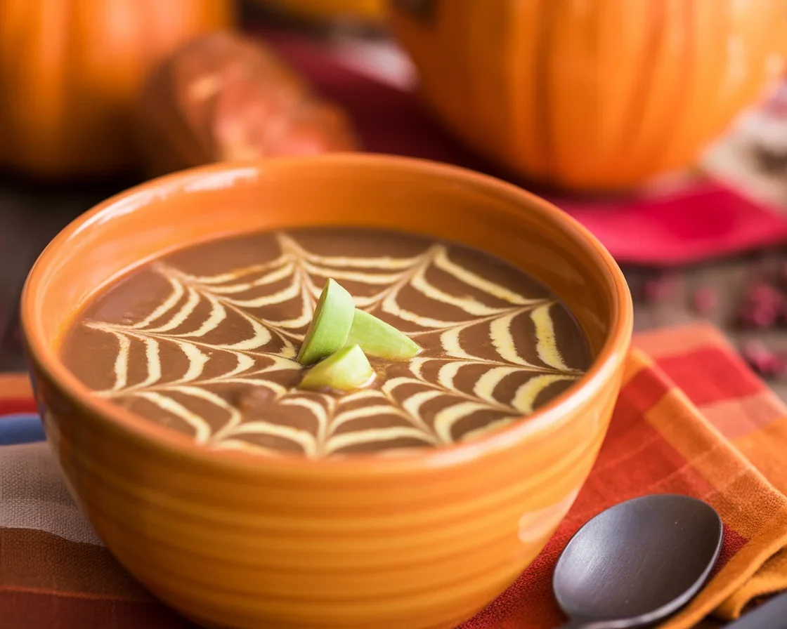 Bowl of nourishing Pumpkin Black Bean Soup, garnished with herbs and spices.