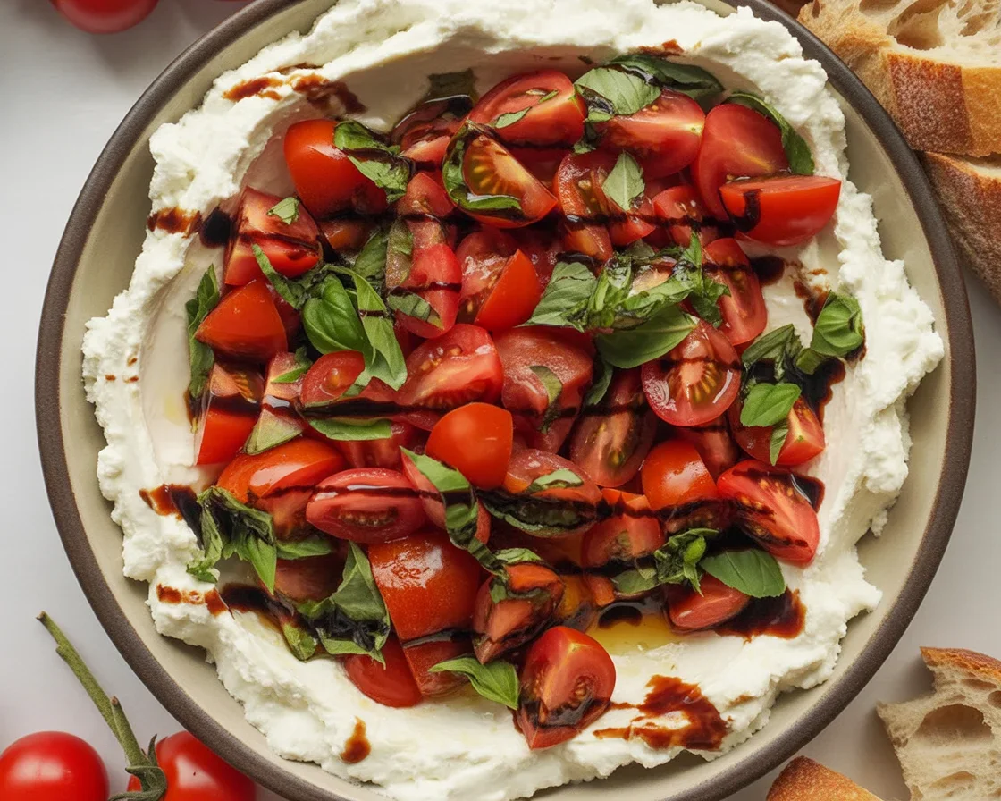 Delicious Bruschetta Dip with tomatoes, basil, and creamy cheese, perfect for sharing.