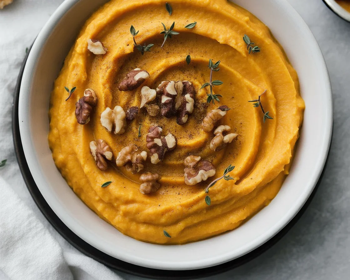 Creamy Pumpkin Whipped Feta Dip topped with honey and walnuts, perfect for fall appetizers.