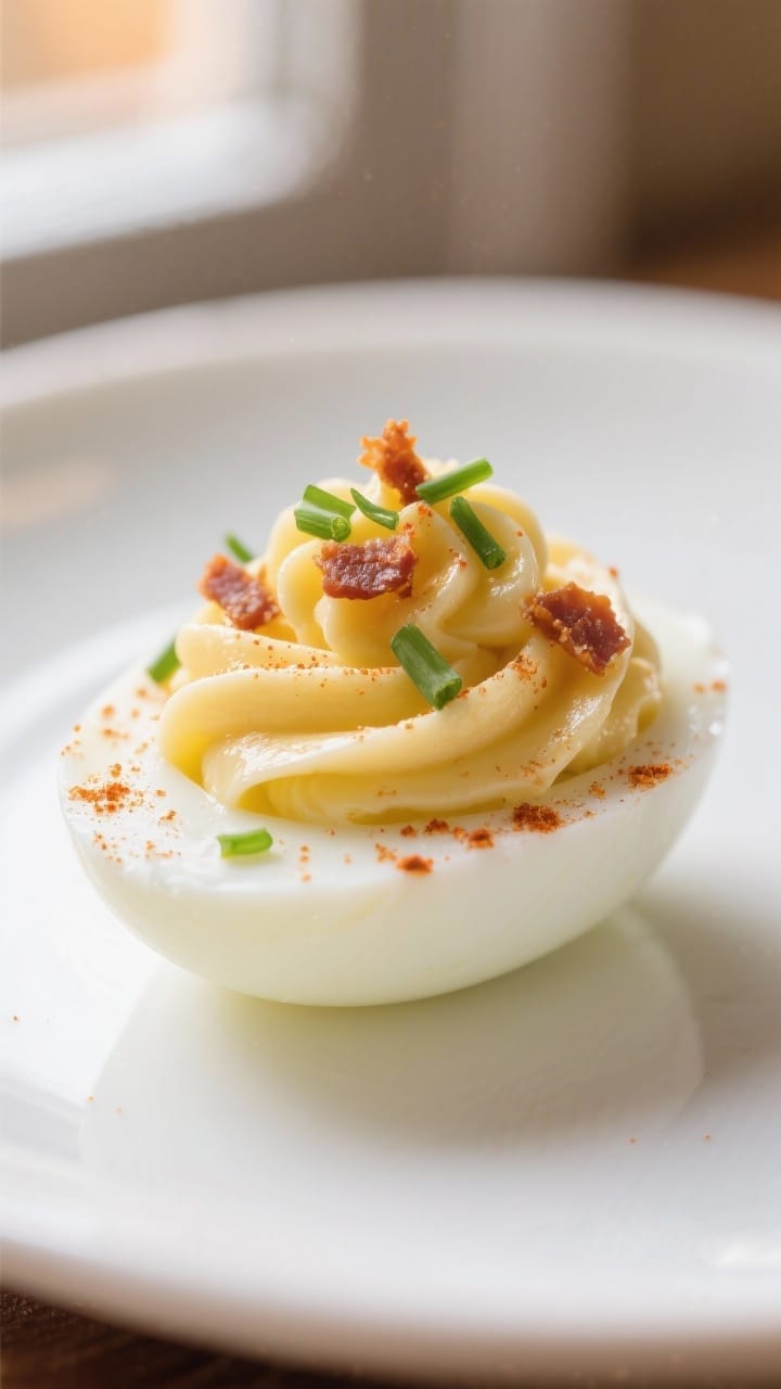 Close-up detail: A just-filled deviled egg half with ultra-smooth, velvety yolk piped in a tight swi