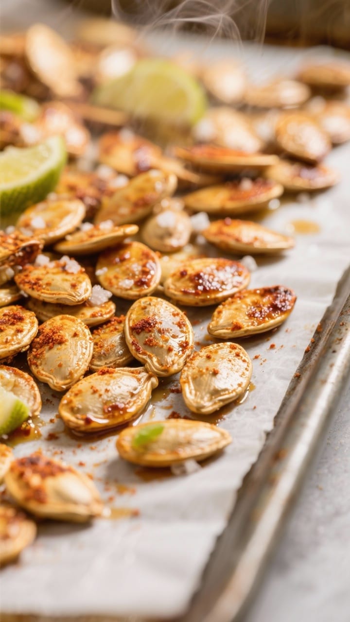 Close-up detail: A tight macro shot of freshly roasted Cajun and chili-lime pumpkin seeds just out o