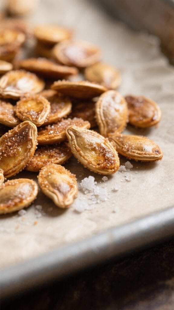 Close-up detail: Caramelized cinnamon-sugar roasted pumpkin seeds just out of the oven, golden and l