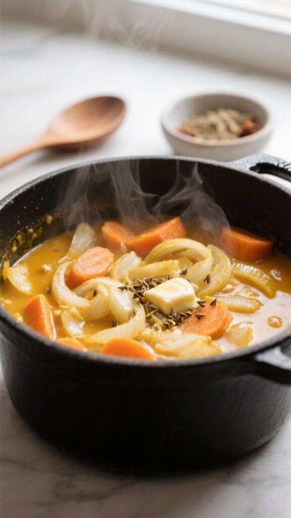 Cooking process, close-up detail: Close-up of pumpkin soup base sautéing in a matte black Dutch ove