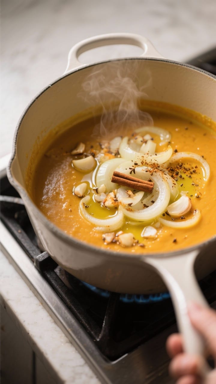 Cooking process close-up: Roasted pumpkin soup base in a wide Dutch oven, onions gently sautéed to 