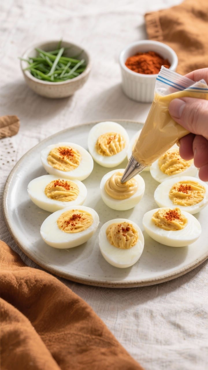 Cooking process: Overhead shot of halved, peeled hard-boiled egg whites neatly arranged on a platter
