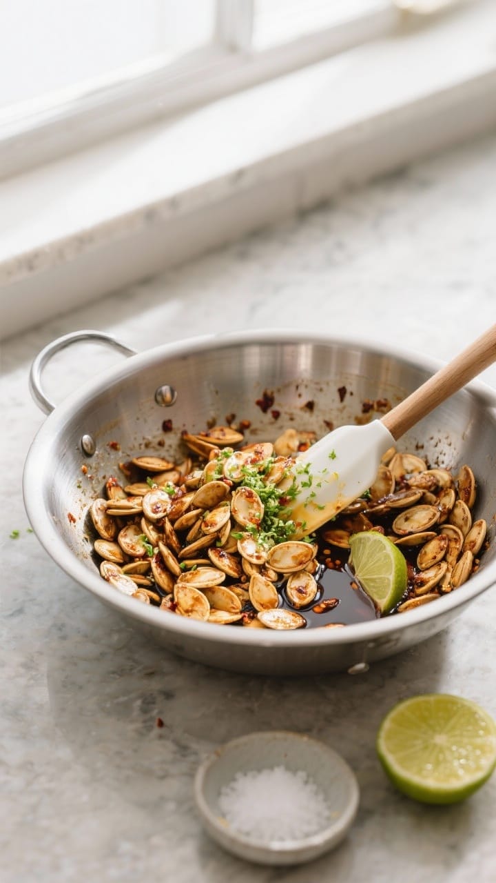 Cooking process: Overhead shot of the hot roasted pumpkin seeds being tossed in a stainless-steel bo